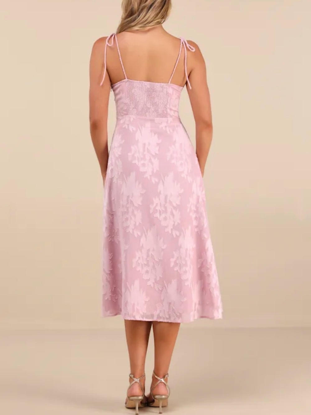 LULUS Loveliest Looks Blush Pink Floral Jacquard Tie-Strap Midi Dress Size S - Picture 5 of 13